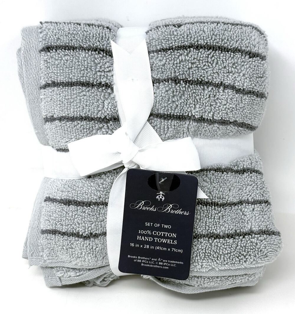 Brooks Brothers Grey Gray Striped Cotton Hand Towels Set 2 Measures 16x28" NWT
